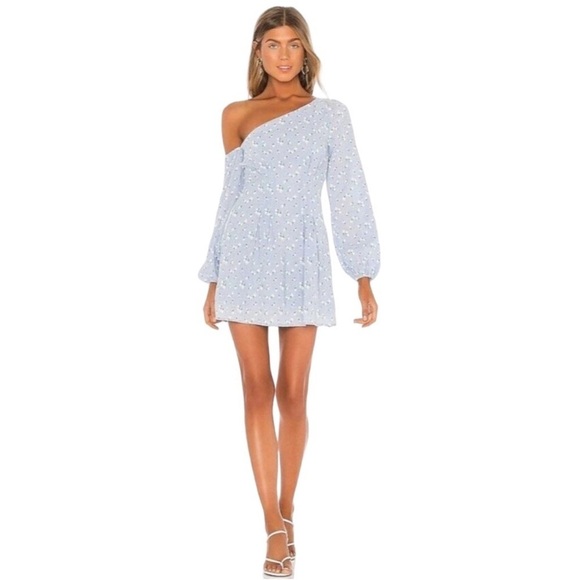 MAJORELLE Mandy Ruffled Tiered One Shoulder Dress in Baby Blue Ditsy - Picture 1 of 10